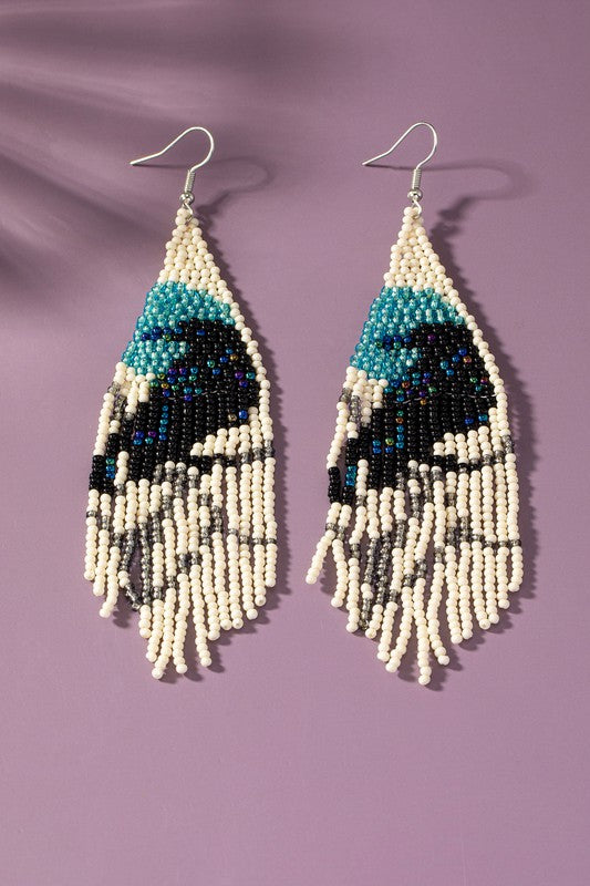 Boho long Handwoven seed bead raven earrings