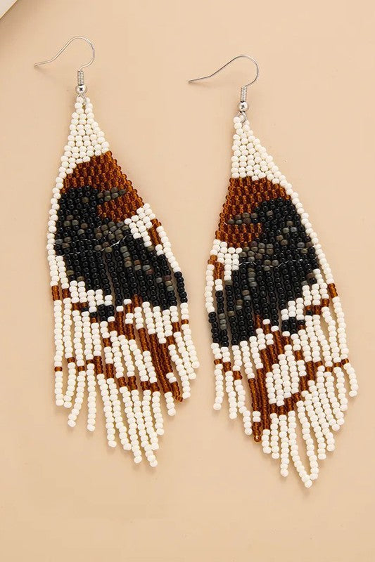 Boho long Handwoven seed bead raven earrings