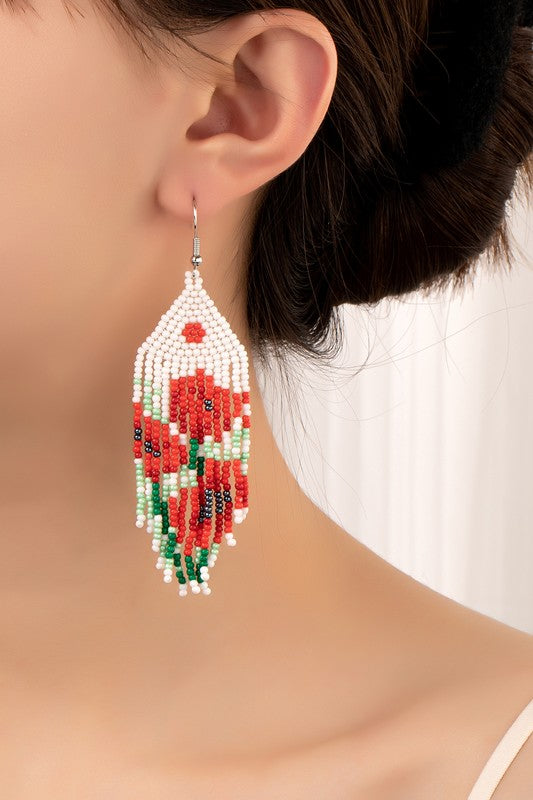 Boho long Handwoven seed bead flower earrings