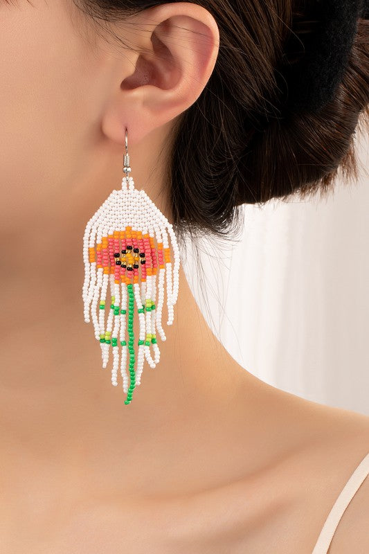 Boho long Handwoven seed bead flower earrings