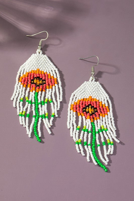 Boho long Handwoven seed bead flower earrings