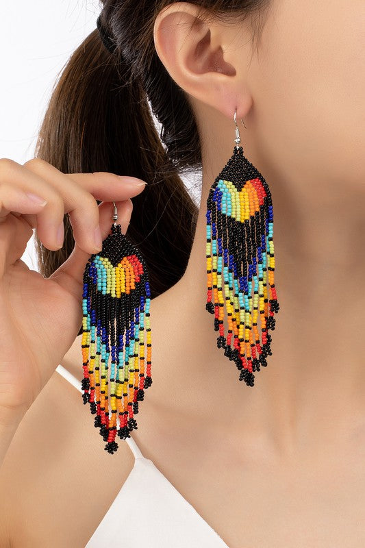 Rainbow heart drop seed bead earrings